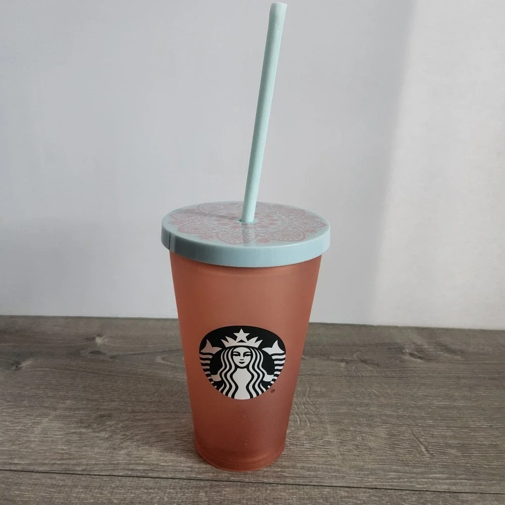 Starbucks Matte Peach Pink Floral 16Oz Grande Mermaid Logo Cold Cup Tumbler READ